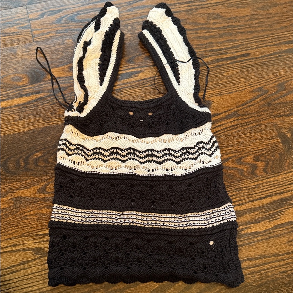 LOFT Black and Cream Crochet Tank Top